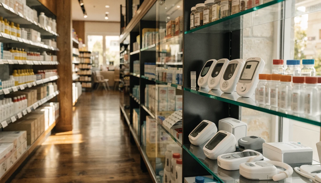 Farmacia con dispositivi sanitari e materiale informativo Nebula